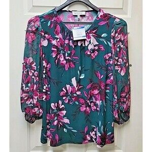 Kasper Women's Top Plus Size 1X Floral Print Sheer Sleeves w Gold Accents - NEW